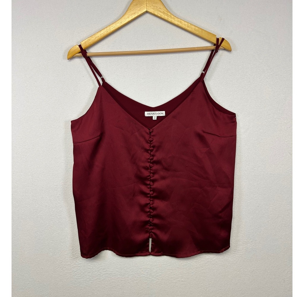 Romantic Heartloom Women Medium Burgundy Satin V-Neck Button Front Camisole Top